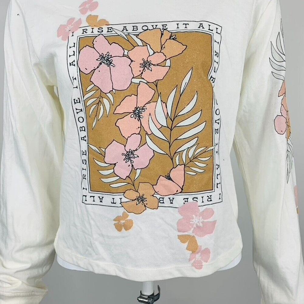 New Love Tribe Juniors Small T-Shirt I Rise Above Long Sleeve Ivory Floral NWT - Picture 5 of 8